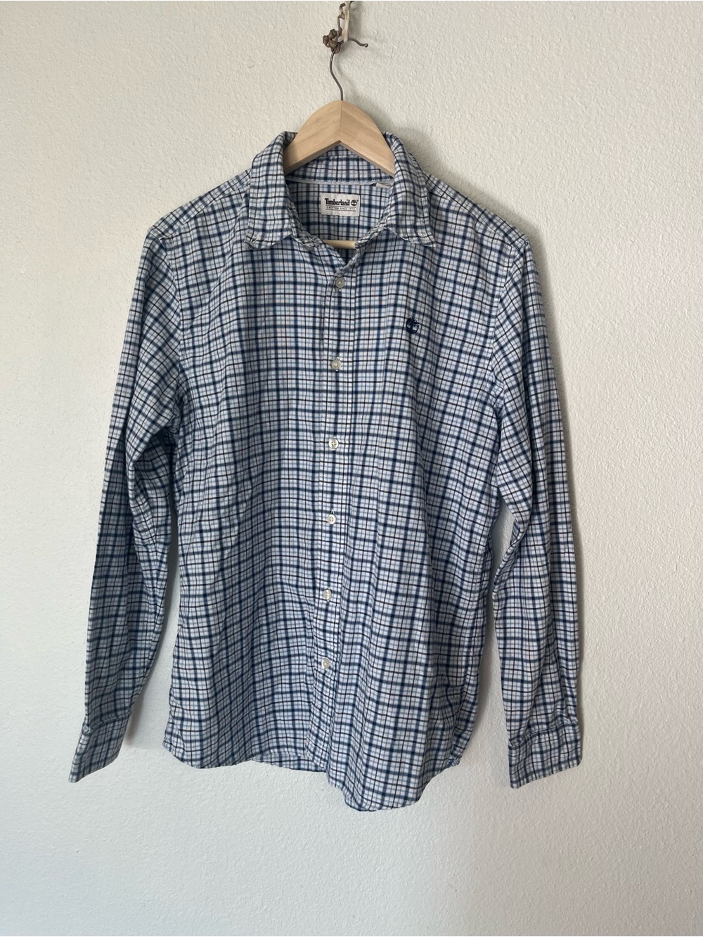 Timberland Men's White and Blue Plaid Button-Down Shirt